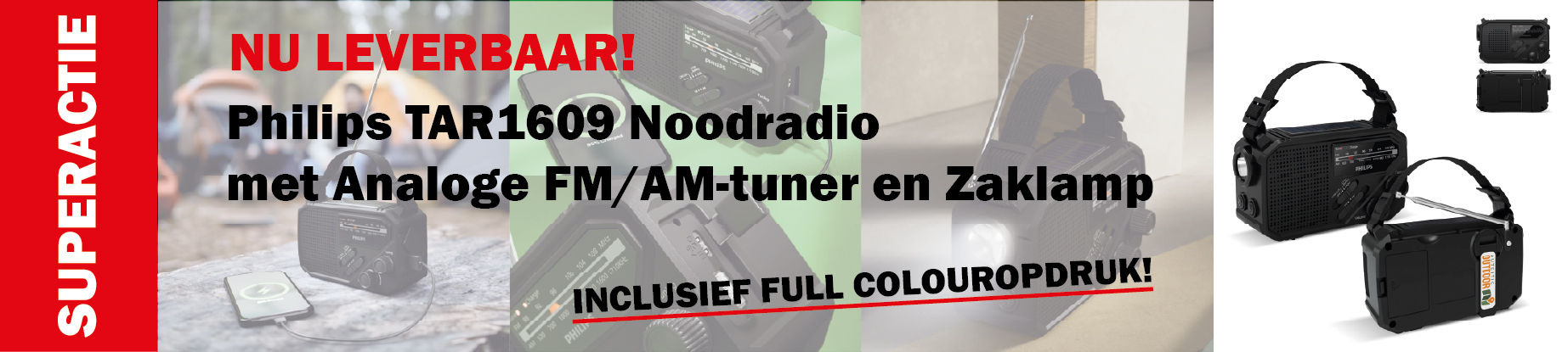 SUPERACTIE Philips TAR1609 Noodradio met Analoge FM/AM-tuner en Zaklamp